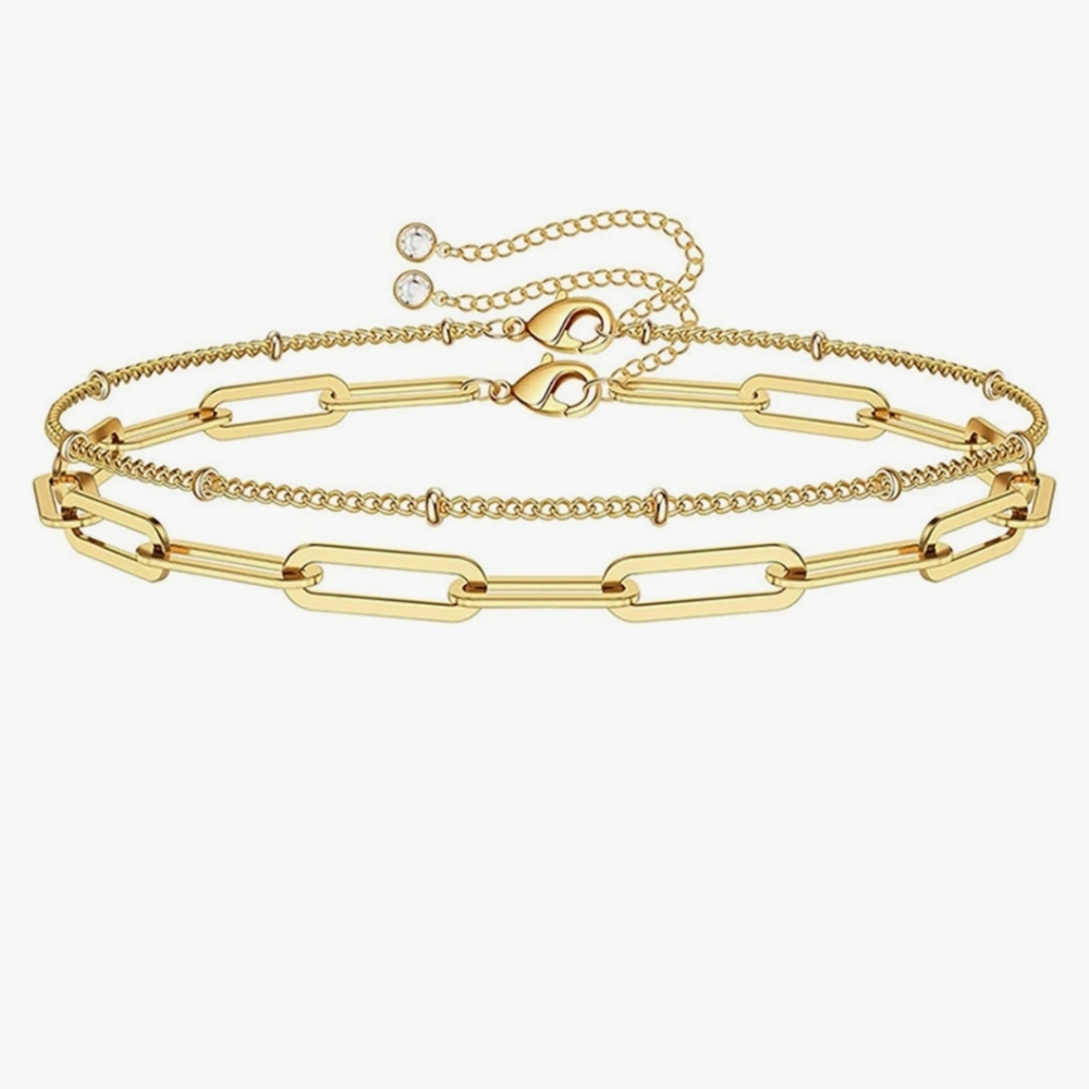 🆕 Gold Dainty Link 14K Gold Plated Layer Adjustable Bracelets Set of 2